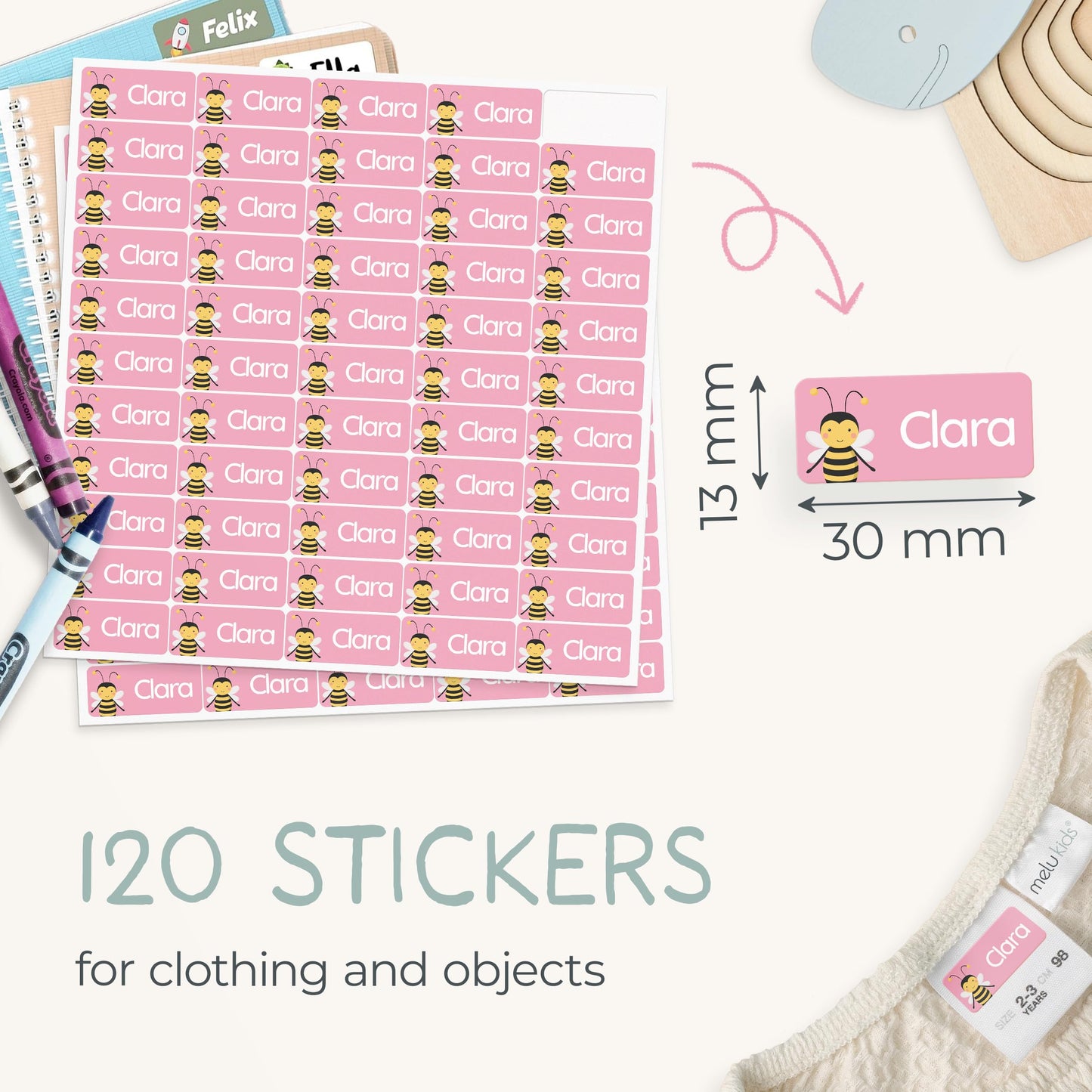 60 Stick on Name Labels for Clothes Kids - Personalised Name Tags for Clothes, School and Nursery - Waterproof and No-Iron Name Stickers for Kids