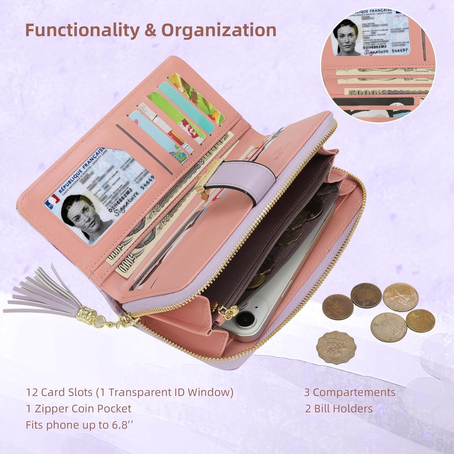 Pomelo Best Womens Wallet RFID Blocking Large Capacity Long Purse with Multiple Card Slots Zipper Phone Coin Pocket