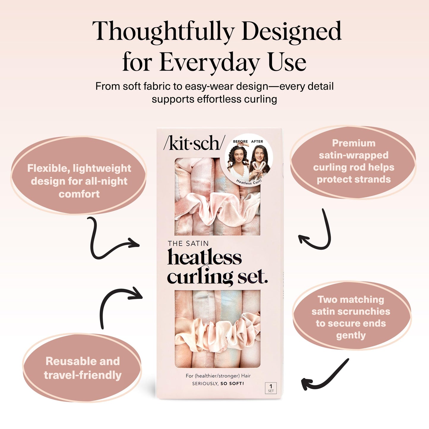 Kitsch Heatless Curling Set - Satin Heatless Curler, Hair Curler No Heat, Heatless Curler for long and short hair, Overnight Curls with 2 Satin Scrunchies and Blowout Rod - Sunset Tie Dye