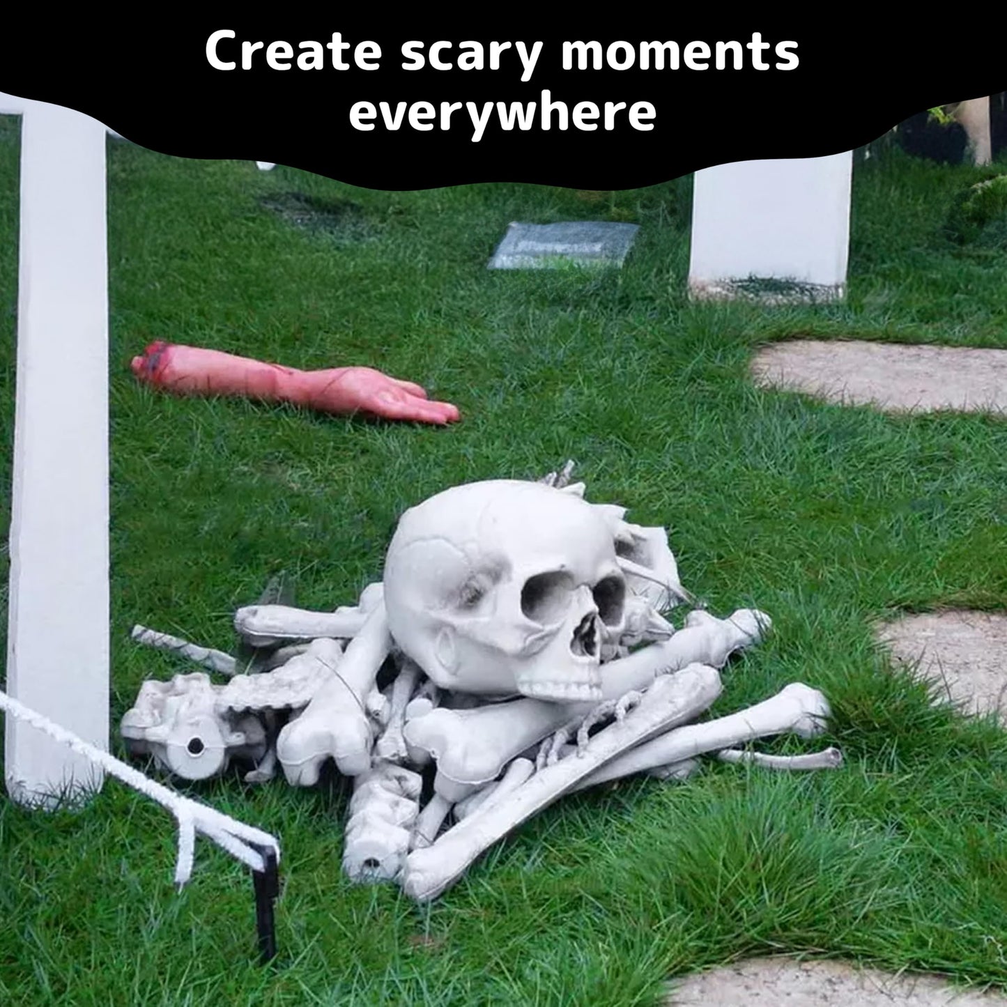 Prextex Halloween Skeleton Figure - Full Standing Body Skeleton with Movable/Posable Joints and Two Sets Of Body Accessories, Posable Decor for Halloween Decorations Outdoor Indoor - 48cm (19 Inch)