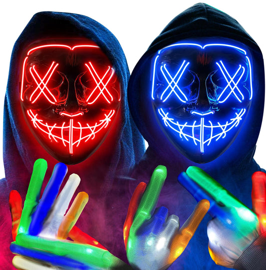 Colplay New LED Halloween Mask & Gloves in Multiple Light Modes, The Purge Mask Costume, Light up Scary Mask Gloves, Halloween Costumes for Women Kids Girls, Anonymous Neon Mask Halloween Gifts