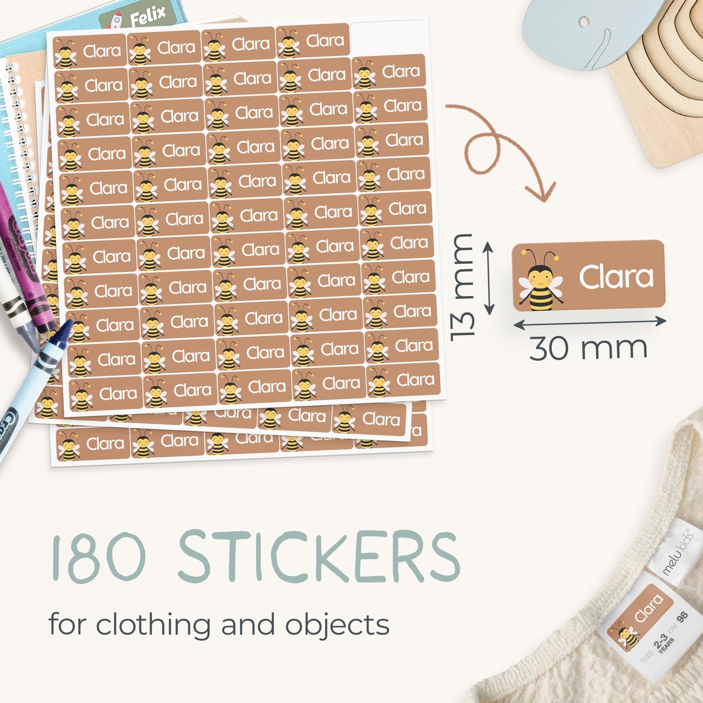 60 Stick on Name Labels for Clothes Kids - Personalised Name Tags for Clothes, School and Nursery - Waterproof and No-Iron Name Stickers for Kids