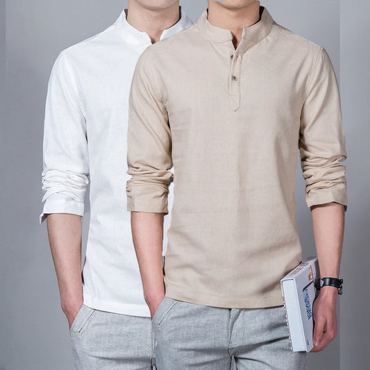 Men’s Stand Collar Linen T-Shirt | Spring Long Sleeve