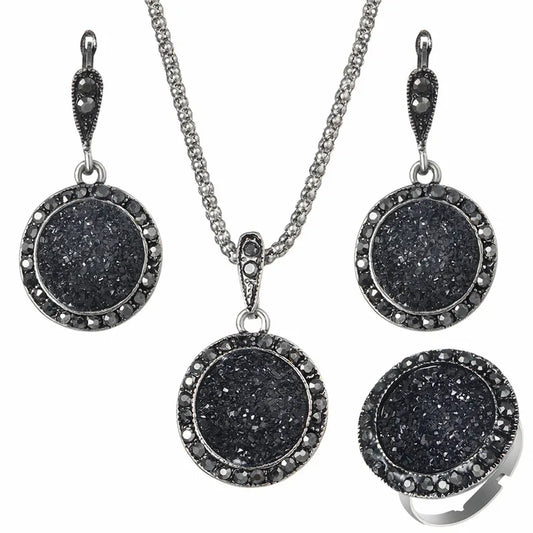 Vintage Black Stone Wedding Jewelry Set | Resin Necklace, Ring & Earrings
