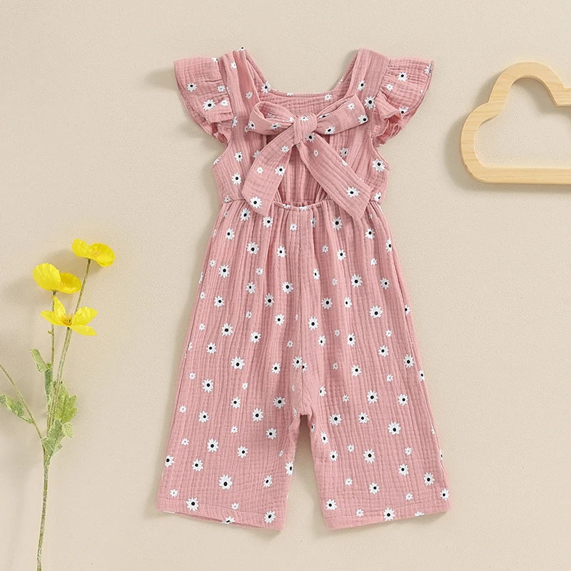 Toddler Girls Summer Overalls | Cotton Floral Print Bowknot Rompers