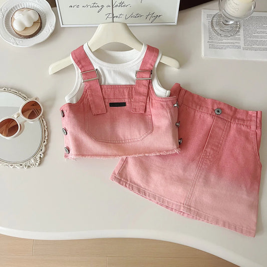 Girls’ Denim Clothing Set | Halter, Sleeveless T-Shirt & Skirt 3PCS