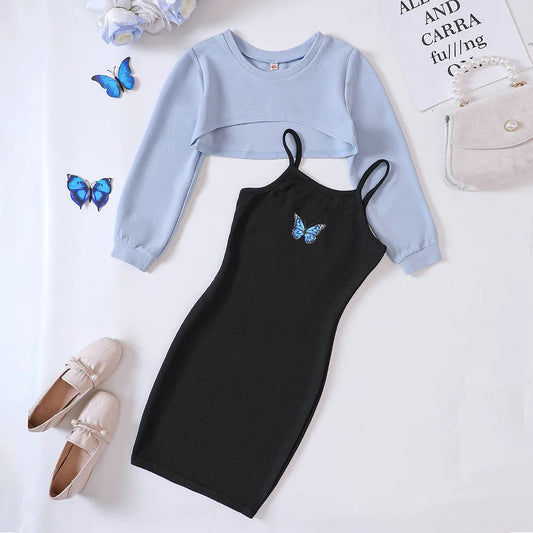 Girls Autumn Casual Clothing Set | Long Sleeve Top & Printed Cami