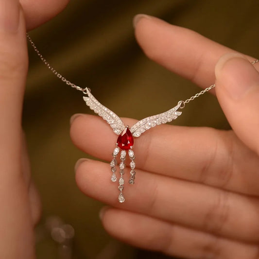 Luxurious Red Gemstone Necklace | 925 Silver Diamond Inlaid Wings Chain