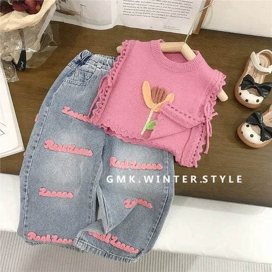 Children’s Pink Knitted Waistcoat & Jeans Set | Summer Outfit 2-7 Years