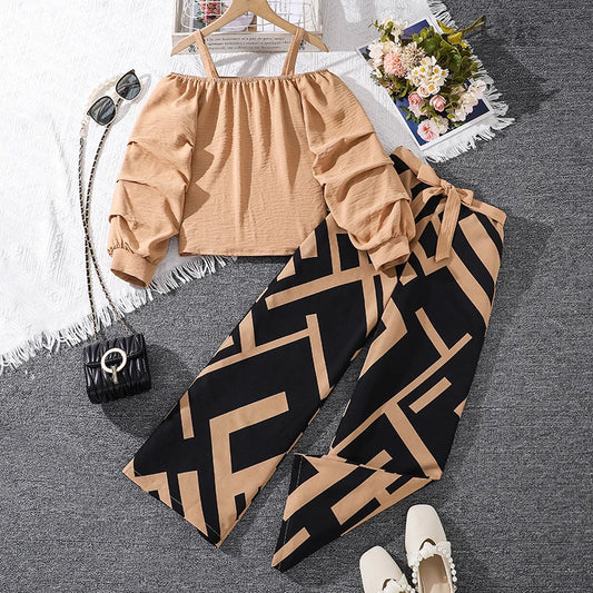 Girls’ Khaki Off-Shoulder Top & Stripe Pants Set | Summer Resort Style
