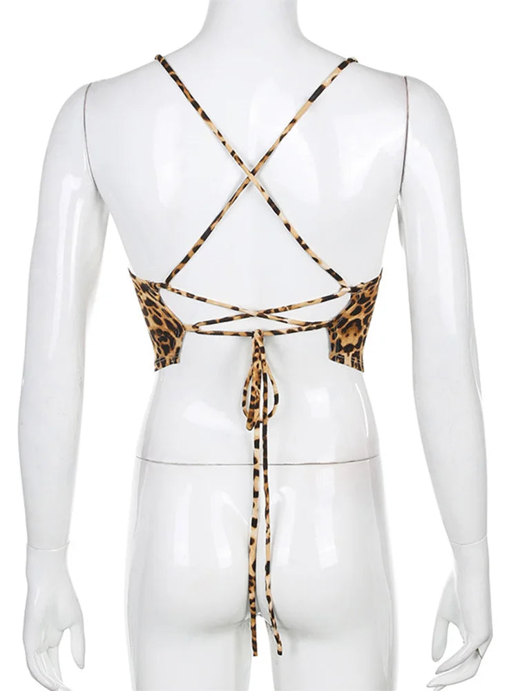 Leopard Print Crop Top | Women’s Lace-Up Backless