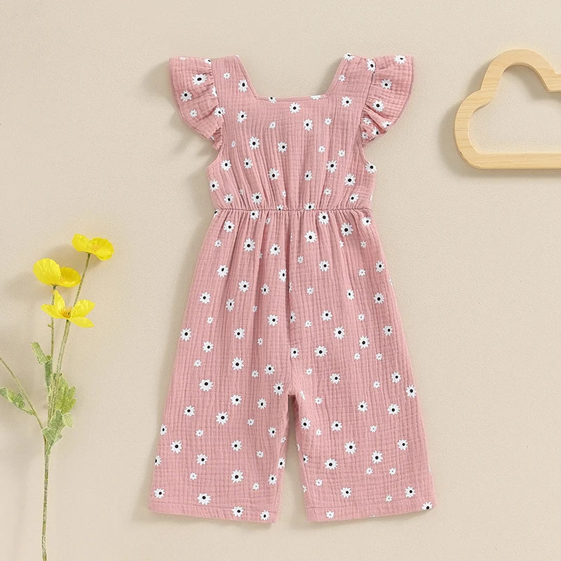 Toddler Girls Summer Overalls | Cotton Floral Print Bowknot Rompers