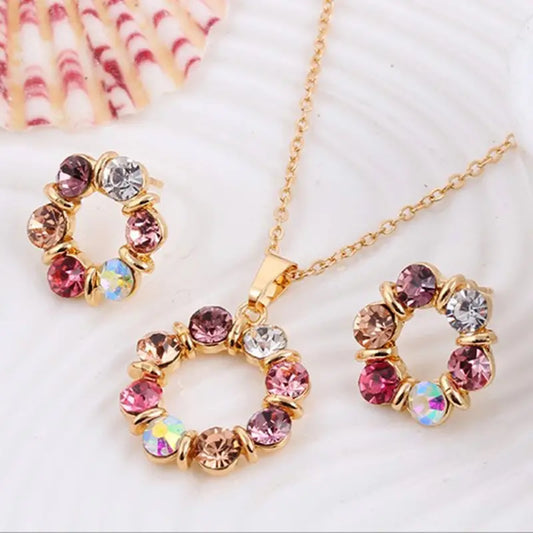 3pcs Gold Necklace & Earrings Set | Celebrity Style Diamond Circle