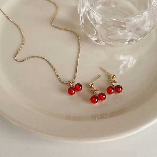 2PCS Women’s Jewelry Set | Red Cherry Pendant Necklace & Earrings