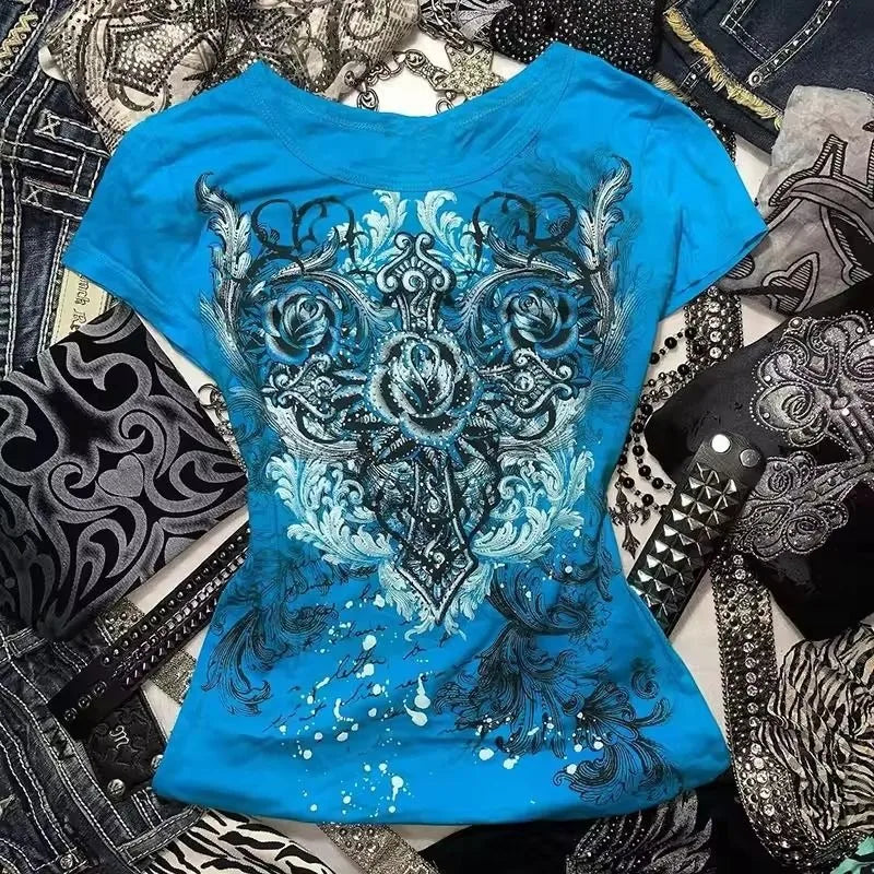 Gothic Blue Geometric T-Shirt | Women’s Vintage Rock