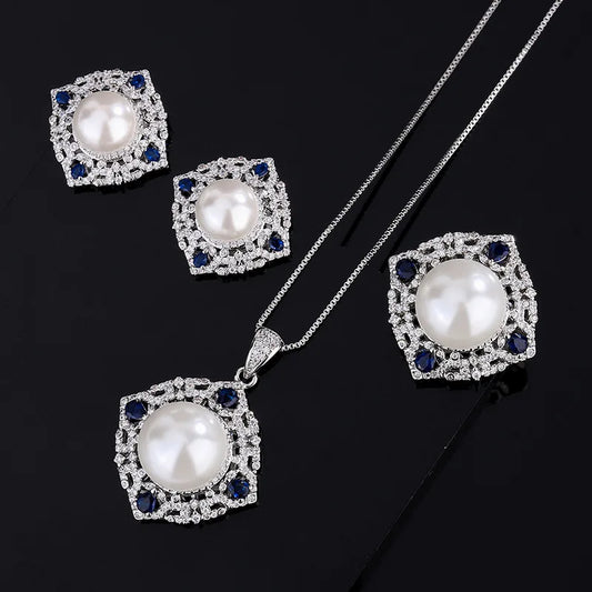 S925 Silver & 18K Gold Platinum Pearl Jewelry Set | Korean Sapphire