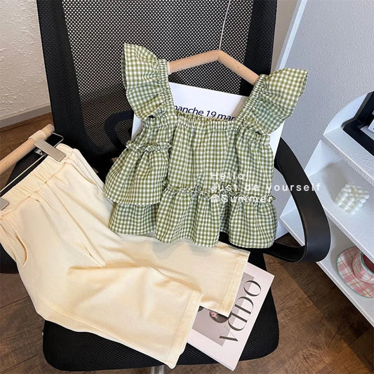 Girls’ Summer Two-Piece Set | Plaid Camisole & Wide Leg Trousers