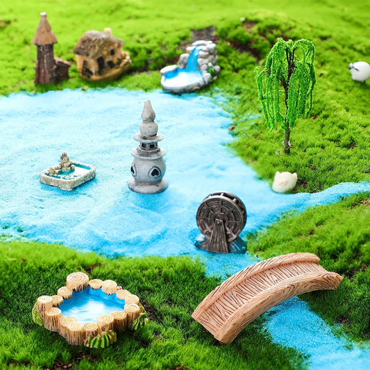 Fairy Garden Miniature Set with Bridge, Lighthouse Water Well & Pond for DIY Craft Lawn Ornament Decor Tiny Figurine Accessories