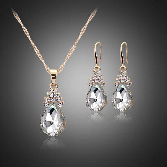 3pcs Gold Jewelry Set | Crystal Bridal Necklace & Earrings Set