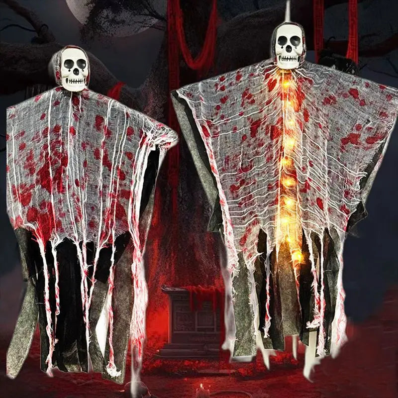 Hanging Skull Skeleton Ghost | Light-Up Horror Prop for Haunted House