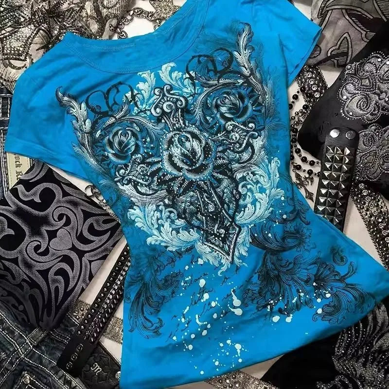 Gothic Blue Geometric T-Shirt | Women’s Vintage Rock