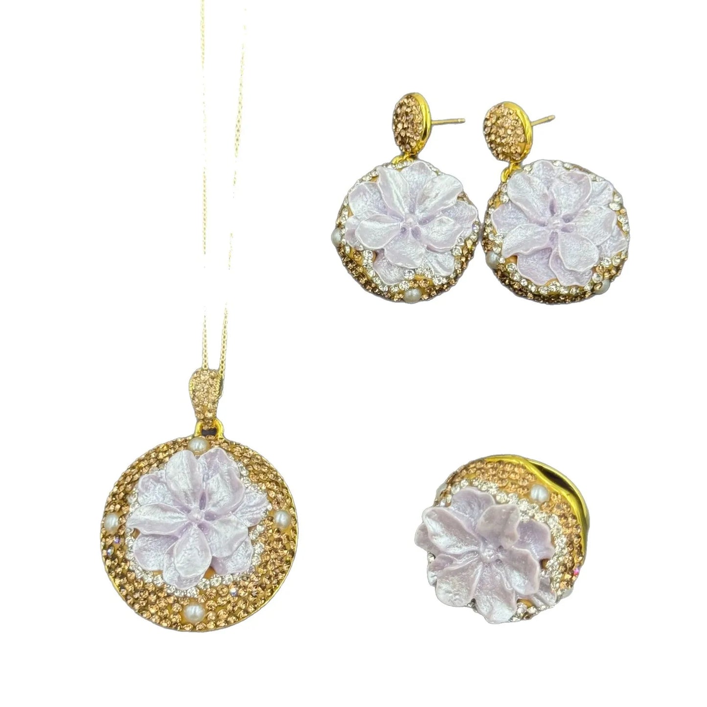 Handmade Rose Inlaid Jewelry Set | Crystal Necklace, Earrings & Rings