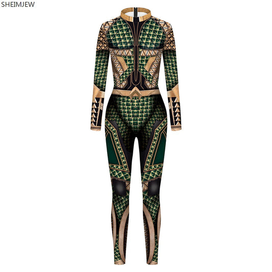 Green and black patterned jumpsuit on a white background
