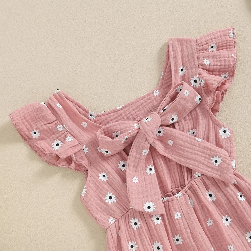Toddler Girls Summer Overalls | Cotton Floral Print Bowknot Rompers