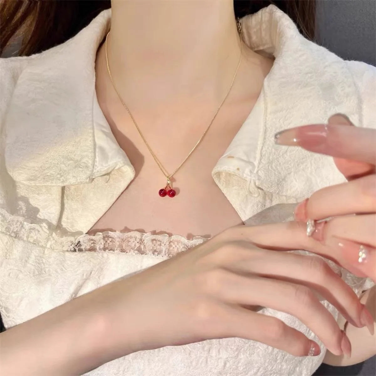 2PCS Women’s Jewelry Set | Red Cherry Pendant Necklace & Earrings
