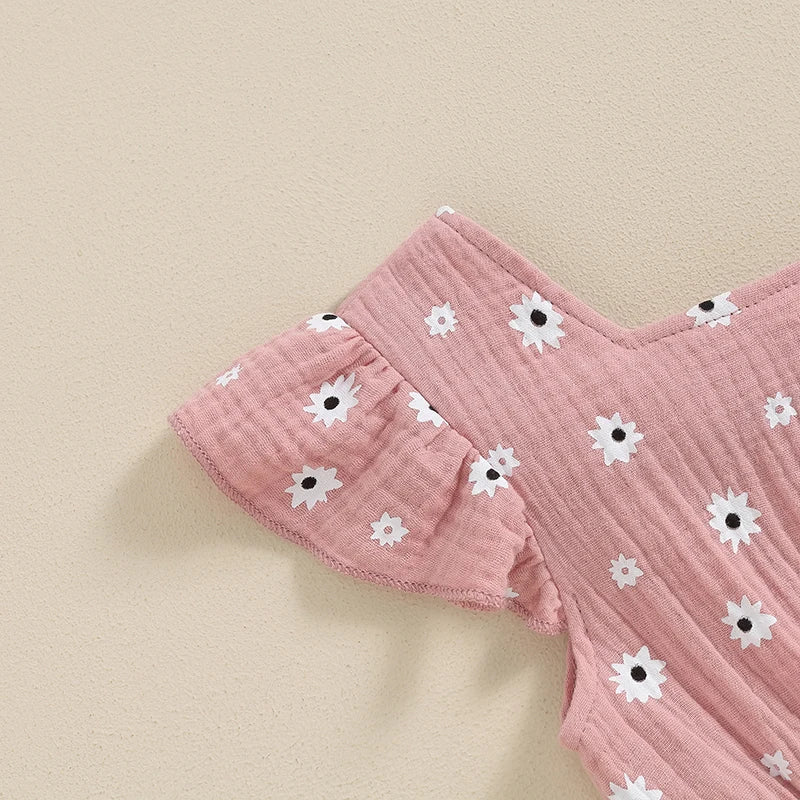 Toddler Girls Summer Overalls | Cotton Floral Print Bowknot Rompers