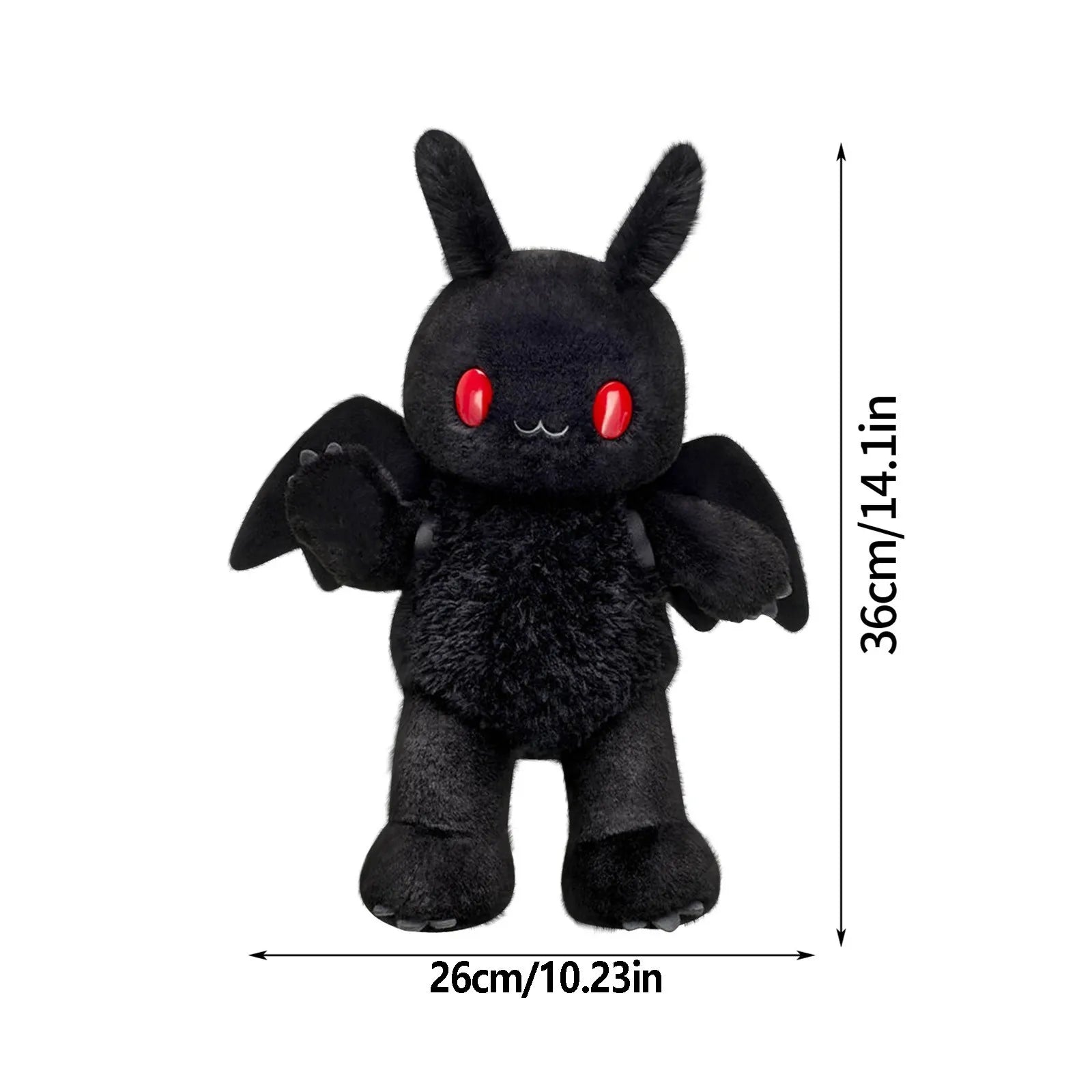 Black plush toy with red eyes and wings, shown with measurements on a white background