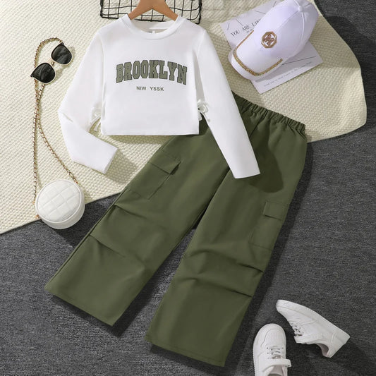 Girls’ Clothing Set 4-7 Years | White Printed Long Sleeve & Army Green Pants