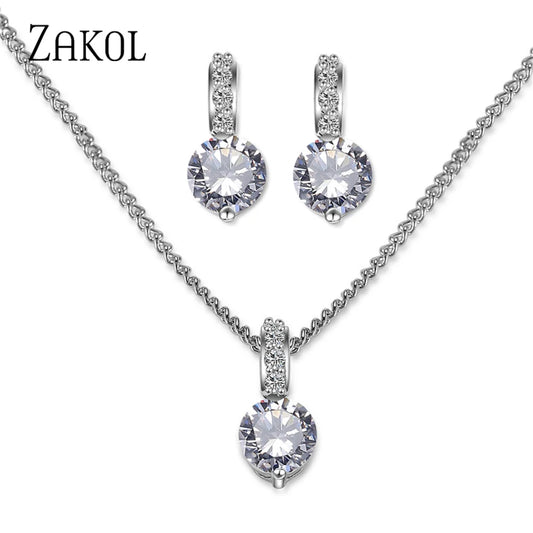Elegant Bridal Jewelry Set | Clear Crystal Zirconia Necklace & Earrings