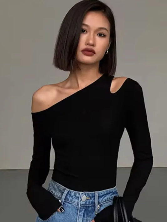 Women’s Skew Collar Off-Shoulder Long Sleeve Crop Top