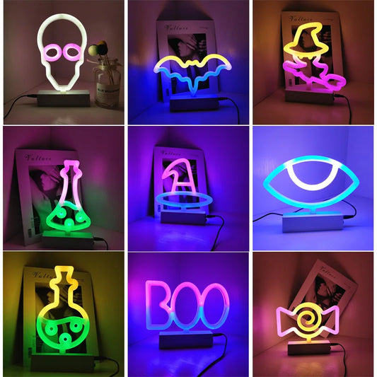 Collage of various neon light signs in different shapes and colors.