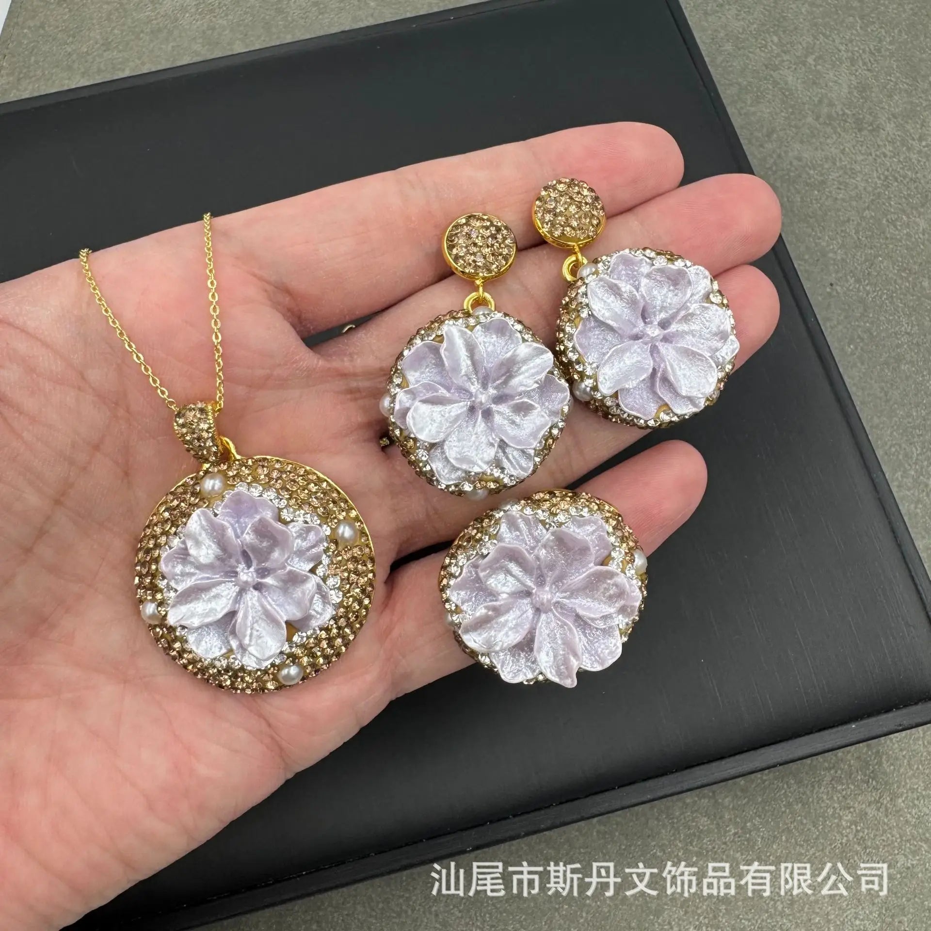 Handmade Rose Inlaid Jewelry Set | Crystal Necklace, Earrings & Rings