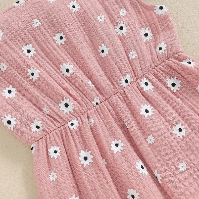 Toddler Girls Summer Overalls | Cotton Floral Print Bowknot Rompers
