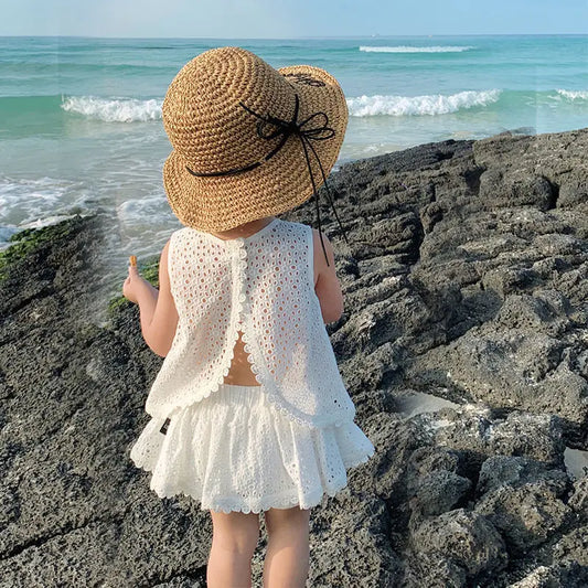 2025 Korean Kids Summer Set | Cotton Halter Vest & Denim Shorts