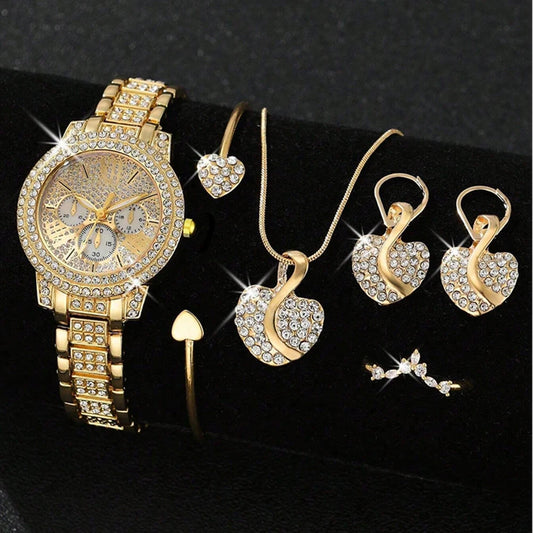 Women’s Gold Quartz Watch & Jewelry Set | Luxury Rhinestone
