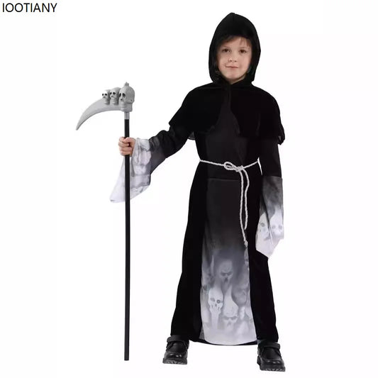 Child wearing a black hooded costume with a scythe on a white background