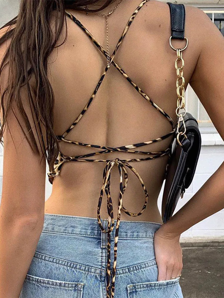 Leopard Print Crop Top | Women’s Lace-Up Backless