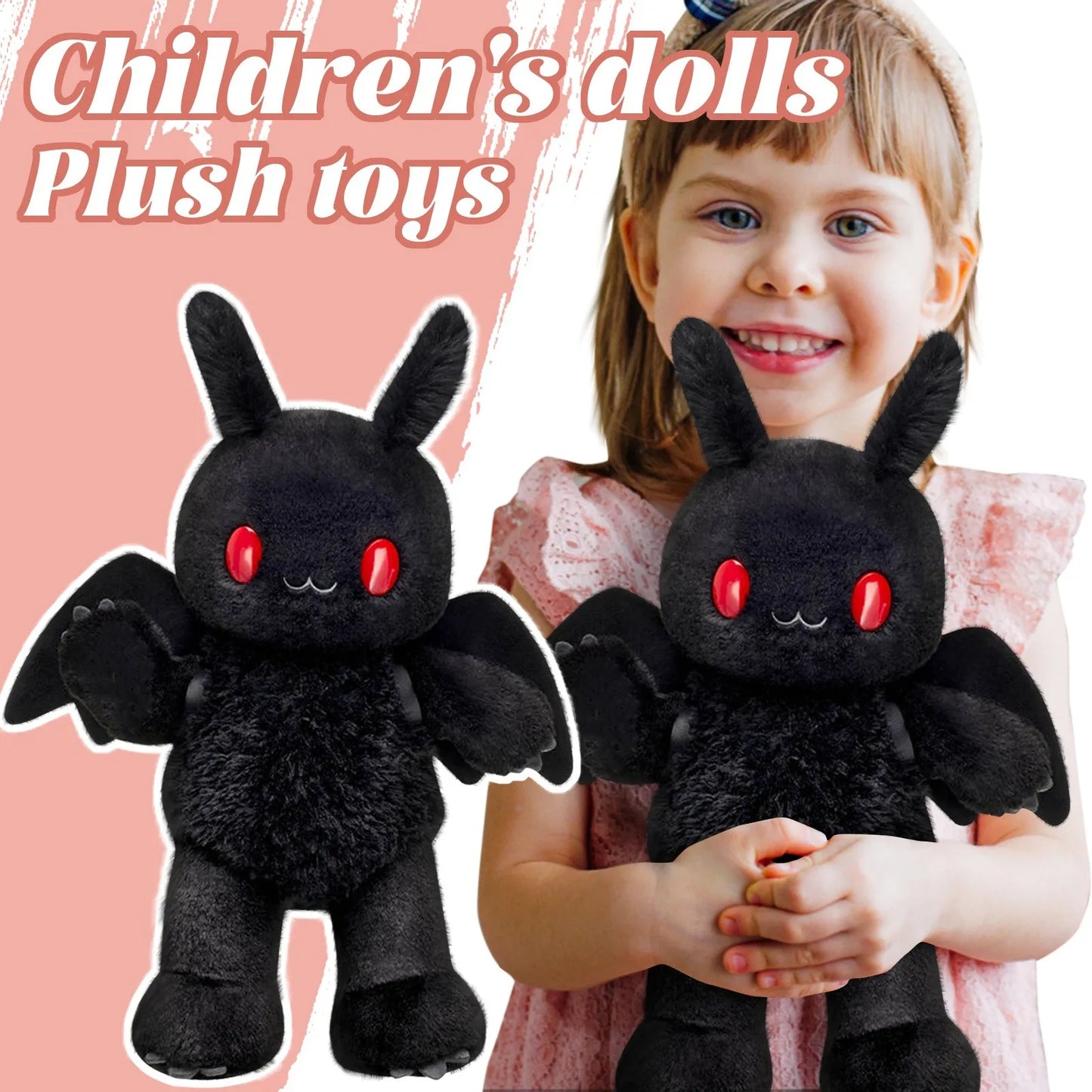 Black plush toy with red eyes held by a child against a pink background with text 'Children's dolls Plush toys'.