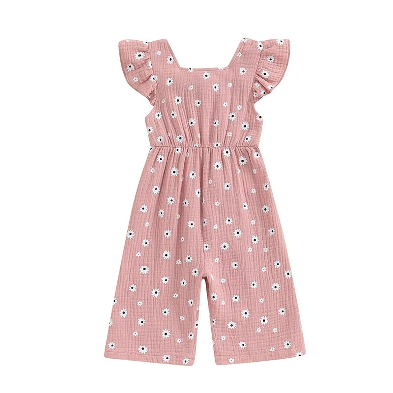 Toddler Girls Summer Overalls | Cotton Floral Print Bowknot Rompers