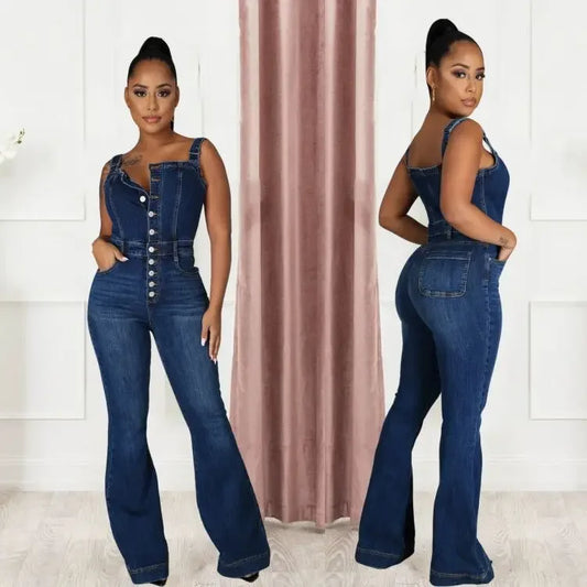 Women’s Casual Denim Bib Jumpsuit Wide Leg Pants