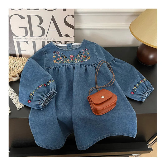 Girls’ Spring & Autumn Denim Dress | Floral Embroidered Long Sleeve