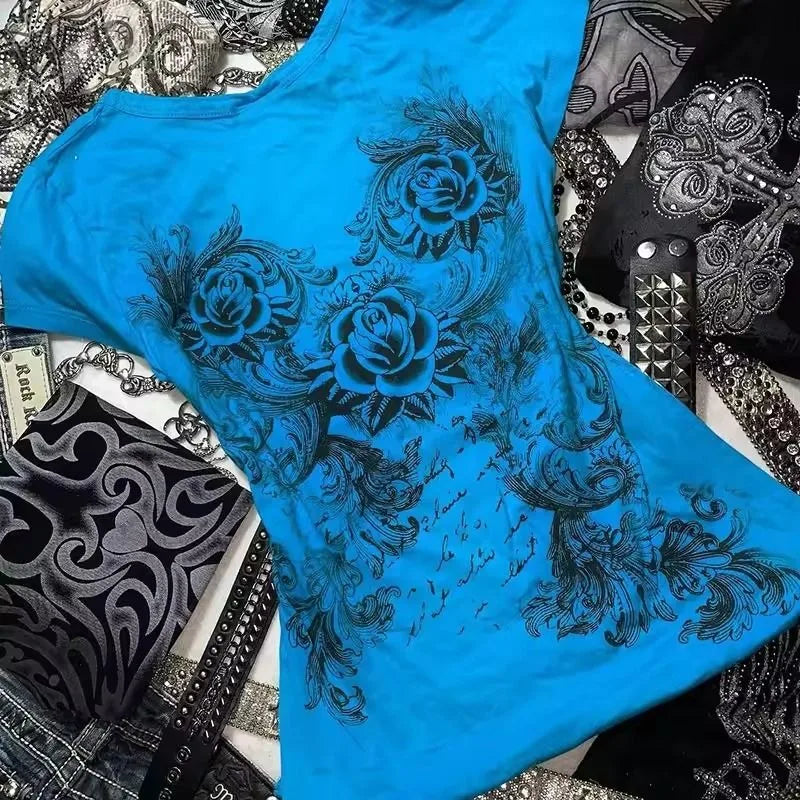 Gothic Blue Geometric T-Shirt | Women’s Vintage Rock