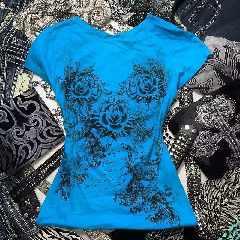 Gothic Blue Geometric T-Shirt | Women’s Vintage Rock