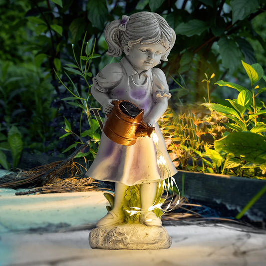 Fairy Garden Statues Girl Holding Kettle Outdoor Waterproof Resin Angel Figurines Ornament Yard Art For Patio Balcony Decor Gift