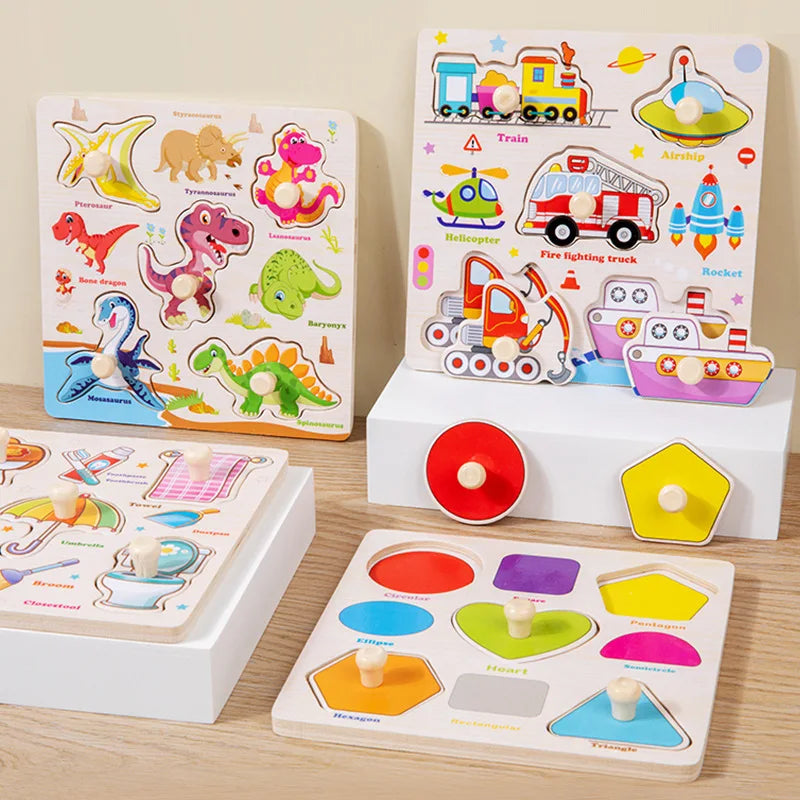 Set of educational children's toys including shape sorting and animal puzzles on a wooden surface.