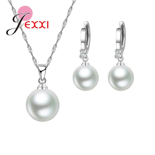 925 Sterling Silver Jewelry Set | Polished Pearl Earrings & Necklace